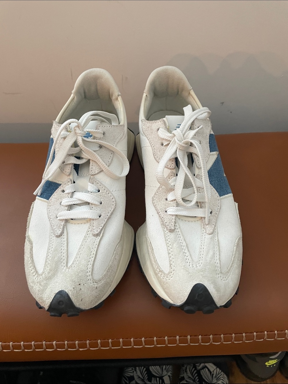 New Balance Cream and White Sneakers with Blue Side Accent